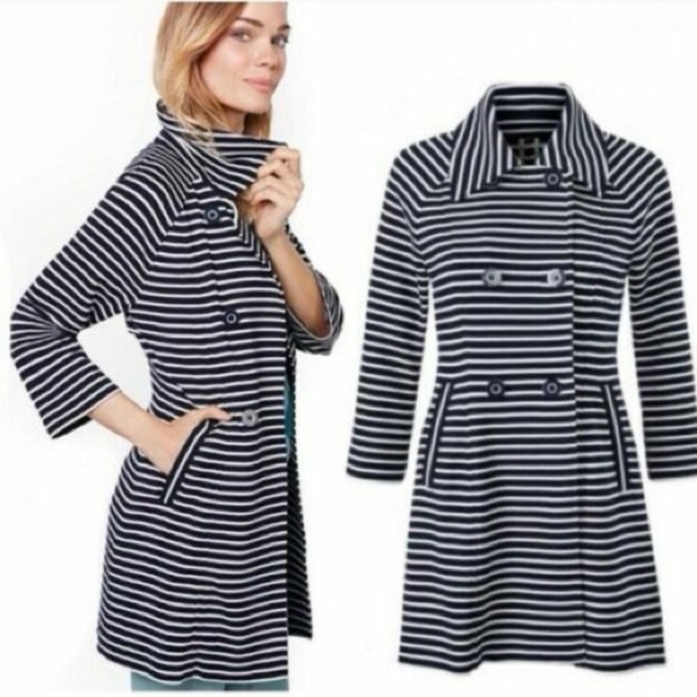 Cabi Small Maritime Trench Coat Navy White Ribbed Striped Rayon Blend Coat - Picture 2 of 8